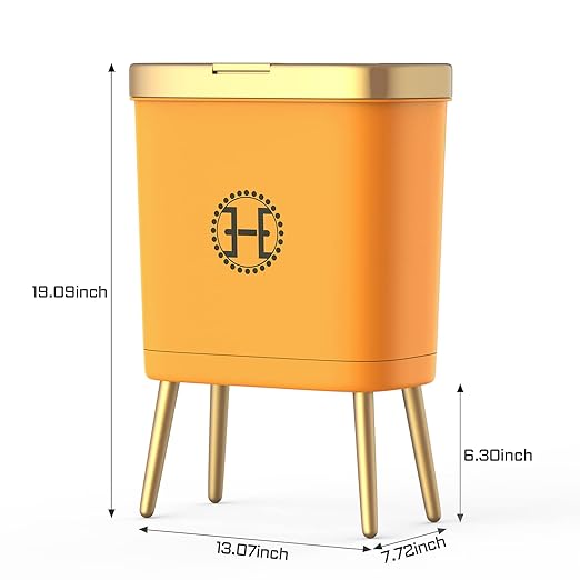 Bedroom Trash Can with Lid,Slim Bathroom Trash Cans with Lids, Dog Proof Trash Bin with Press Top Lid,Modern Gold Trash Can Plastic Waste Basket for Living Room, Office,Kitchen, 4 Gal-Orange