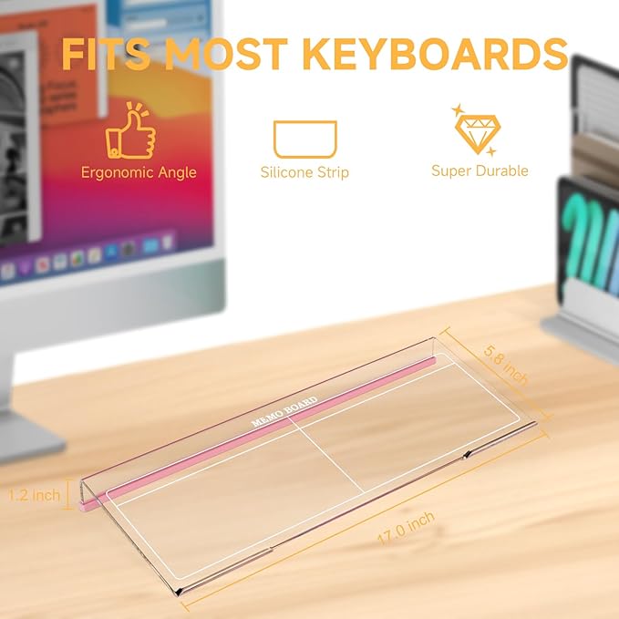 Ergonomic Computer Keyboard Stand - 17 Inch Clear Acrylic Keyboard Riser for Desk Tilted Keyboard Holder Tray with Memo Board & Pink Non-Slip Strip for Home Office Easy Typing & Working