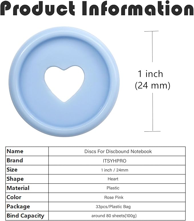 33pcs Discbound Discs 0.94 inch Binder Rings Heart Expansion Disc(33pcs Light Blue,0.94 inch/24 mm)