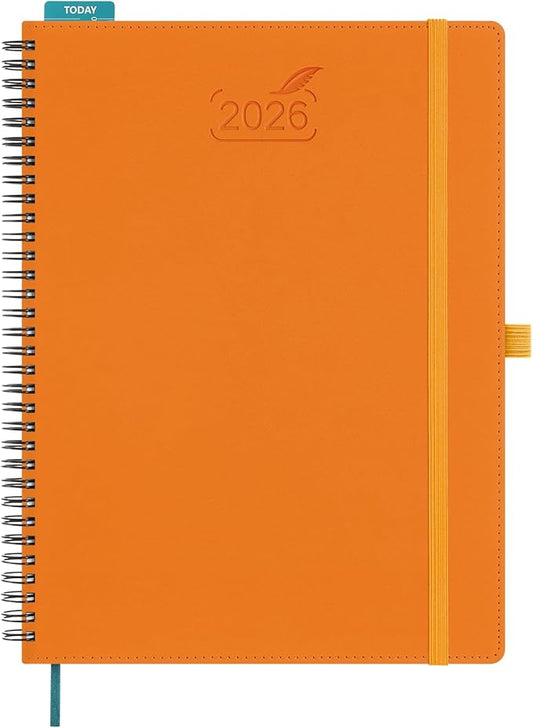 BEZEND 2026 Planner Weekly and Monthly (8.5" x 11" Spiral) Daily Calendar with Half-Hourly Timeslots & Tab (Jan-Dec) Note & Expenses, Pen Holder, Inner Pocket, Vegan Leather Softcover - Orange
