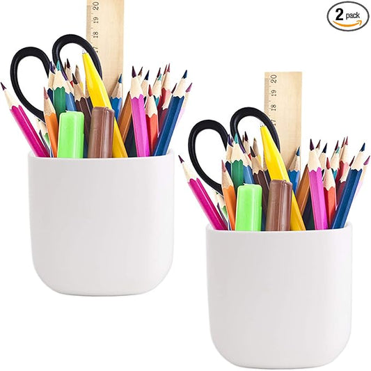 Pencil Holder - Self-Adhesive Wall Mount Pen Cup,Marker Pot,Writing Utensil Storage Organizer for Fridge,Locker,Whiteboard,home and office - White - 2Pcs/Set