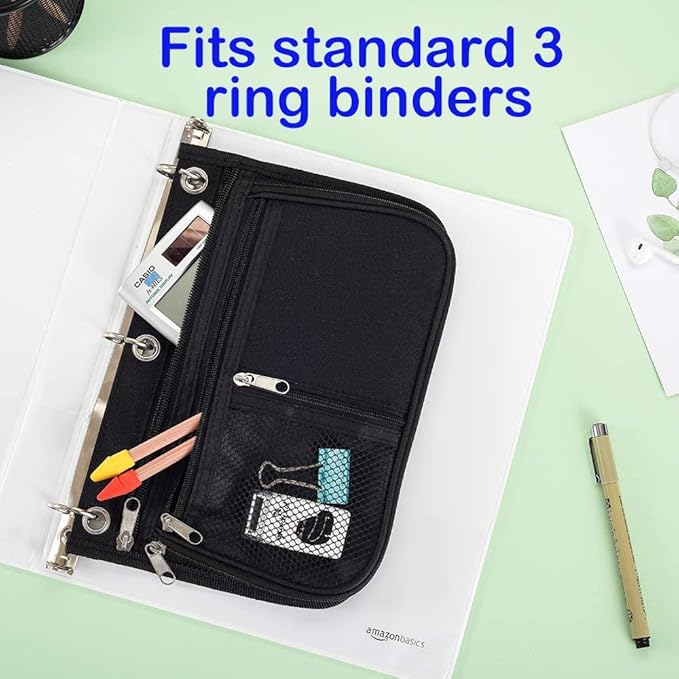 Sooez Pencil Pouch for 3 Ring Binder，Expandable Zipper Pencil Pouch, Fabric Pencil Pouches Binder Pockets, Large Capacity Binder Pouch, Pencil Case for Binder, Pencil Pouch 3 Ring(Blue/Black)