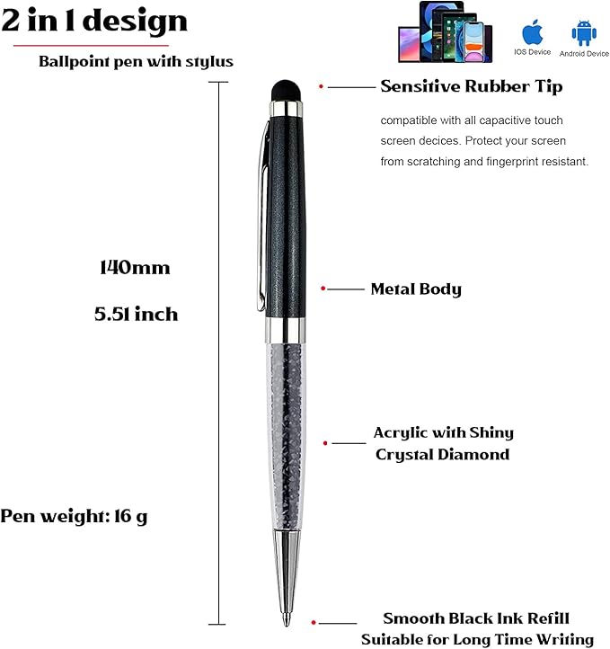 Ancolo Personalized Ballpoint Pens with Stylus tip Stylish Pens Crystal Diamond pen - Engraved with Your Name Logo or Message, Phone Number Black ink Perfect for Office Advertising
