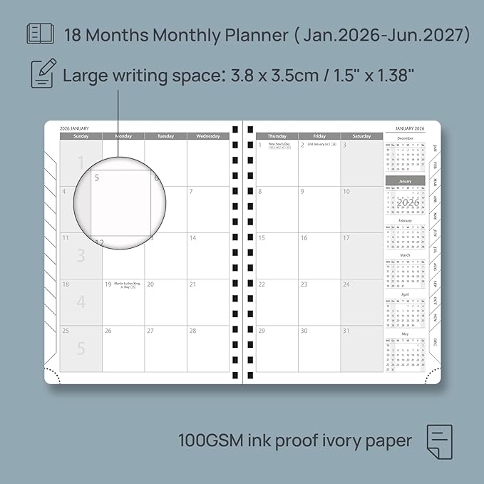 POPRUN Monthly Planner 2026-2027 (Medium 6.5" x 8.5") 18 Months Calendar (Jan 2026 - Jun 2027) - 4 Pages per Month with Expense & Notes, Stair-like tabs, Leather Cover, Sunday Starts - Black