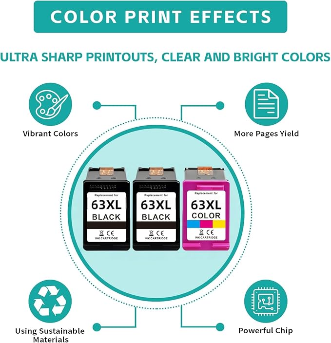 63XL Ink Cartridges Replacement for HP 63 XL Black Color Combo 3-Pack Work with 4520 3830 4650 5258 5255 4652 4655 4512 4510 46543630 3632 3634 3833 3631 5200 5252 2132 2130 1112 Printers