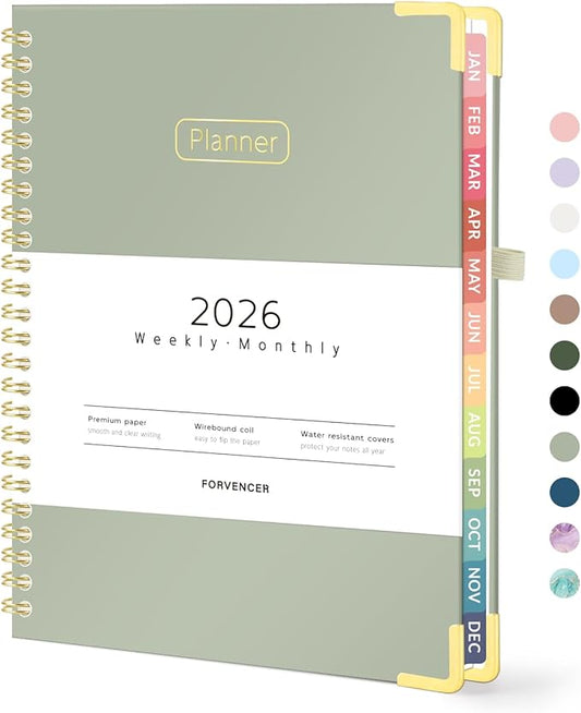 Forvencer 2026 Planner, Hardcover Calendar Planner Weekly and Monthly, January 2026 - December 2026, 6" x 8", Spiral Agenda Book with Tabs, Exquisite Daily Journal with Inner Pocket, Organizer Notebook for Office Home School, A5 Size, Olive Green