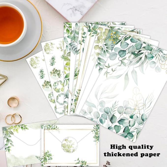 160 Packs Stationery Paper and Envelopes Set 10 Different Designs, 50 One Sided Stationery Writing Papers with 50 Matching Envelopes and 60 Round Dot Sticker, 5.5 x 8.25 Inch (PineLeaf)