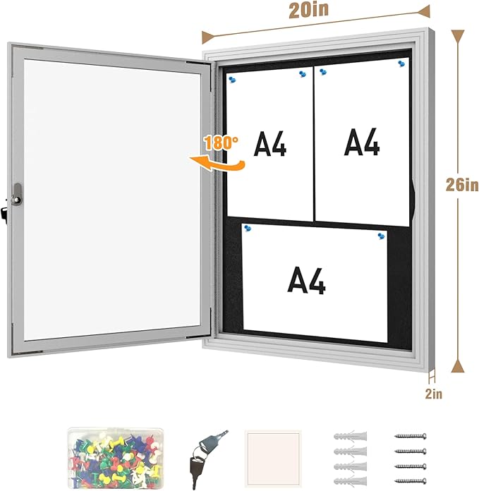 26"x20" Enclosed Bulletin Board, Outdoor Lockable Weather-Resistant Aluminum Cork Noticeboard for School & Office, Silver Frame w/Black Flet