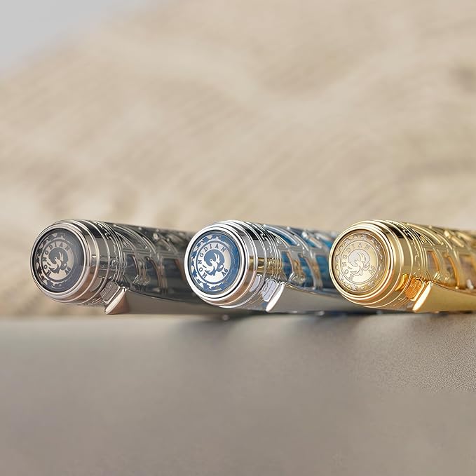 Hongdian A6 Piston Fountain Pen Extra Fine Soft Nib, Silver Blue Hollow Skeleton & Resin Pen with Metal Case Set