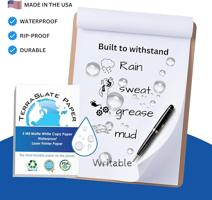 TerraSlate Premium Waterproof Paper, 5 MIL 8.5” x 11”, Laser Printer & Copy Machine Compatible, Durable & Rain/Weather-Proof Copy Paper, White Paper (25 Sheets)