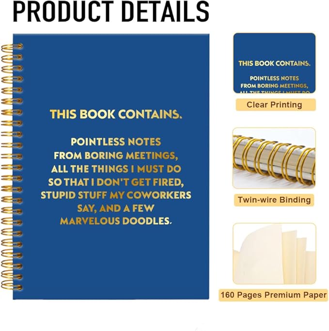 Pointless Notes from Boring Meetings Funny Navy Golden Spiral Notebook, Humorous Office Gifts, Gag Gifts for Coworkers, Funny Office Sarcastic Gifts for Coworkers,Team Members, Employees