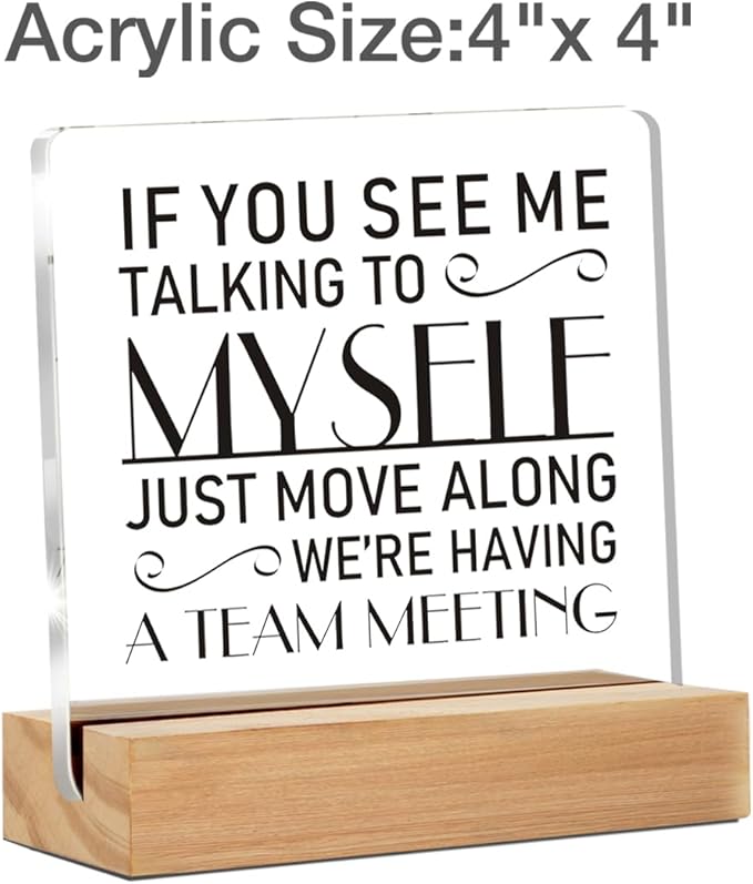 Funny Office Decor for Women, If You See Me Talking to Myself We're Having a Team Meeting Clear Desk Decorative Acrylic Sign With Wooden Stand for Desk Table Shelf
