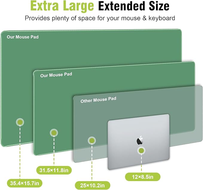 Green Mouse Pad, Smooth Mouse Pads, Non-Slip Rubber Base & Waterproof Gaming Mouse Pad, 31.5L x 11.8W Inches Large Mousepad for Computer, Office & Home, Multifunctional Large Mousepad