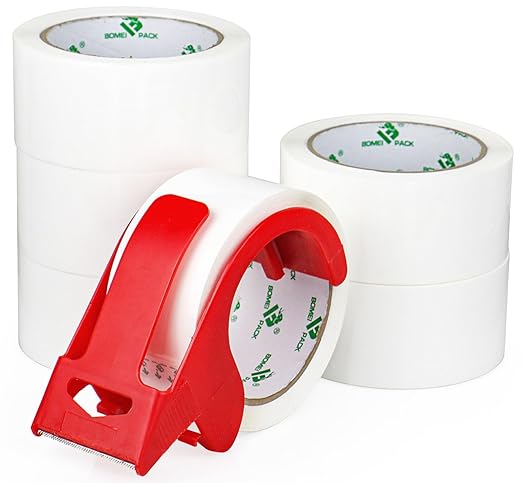 BOMEI PACK White Packing Tape with Dispenser, 2.4 Mil 1.88 Inch x 60 Yards, 6 Refills Rolls White Tape for Box Moving, Shipping and Packaging