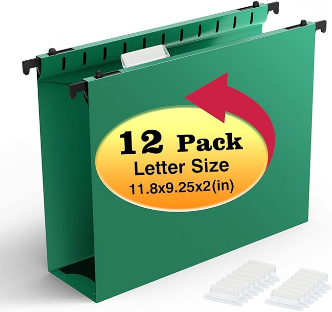 Extra Capacity Plastic Hanging File Folders,12 Pack Reinforced Hang Folder,Heavy Duty 2 Inch Expansion,Plastic Filing Cabinet Folders,Letter Size,Designed for Bulk Files, Medical Charts (Green)