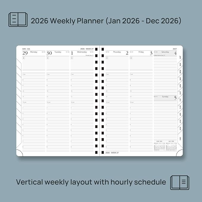 POPRUN 2026 Planner (Medium - 6.5'' x 8.5'') with Hourly Schedule, Vertical Layout - 2026 Weekly Calendar (Jan. 2026 - Dec.2026) for Time Management, Monthly Tabs, Spiral Bound, Soft Cover - Pacific Green