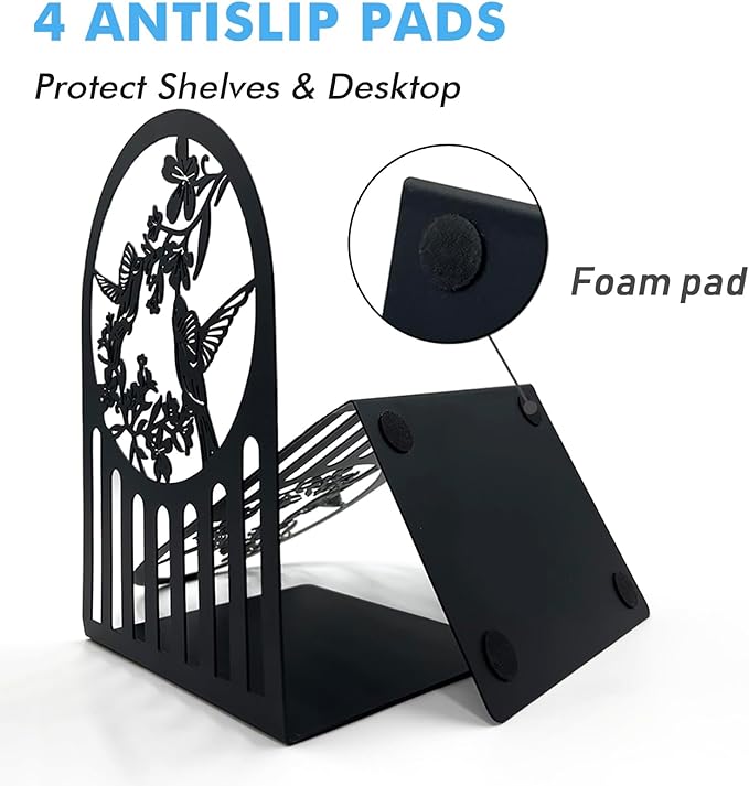 Hummingbird Book Ends, Metal Bookends for Shelves Decorative, Book Stopper for Heavy Books, Bookends for Home, Office, Library, School Use (Black)