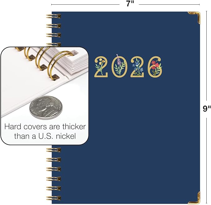 HARDCOVER 2026 Planner, 7"x9": 14 Months (November 2025 - December 2026), Daily Weekly Monthly Planner, Yearly Agenda, Bookmark, Pocket Folder and Sticky Note Set (Navy Gold Numbers)
