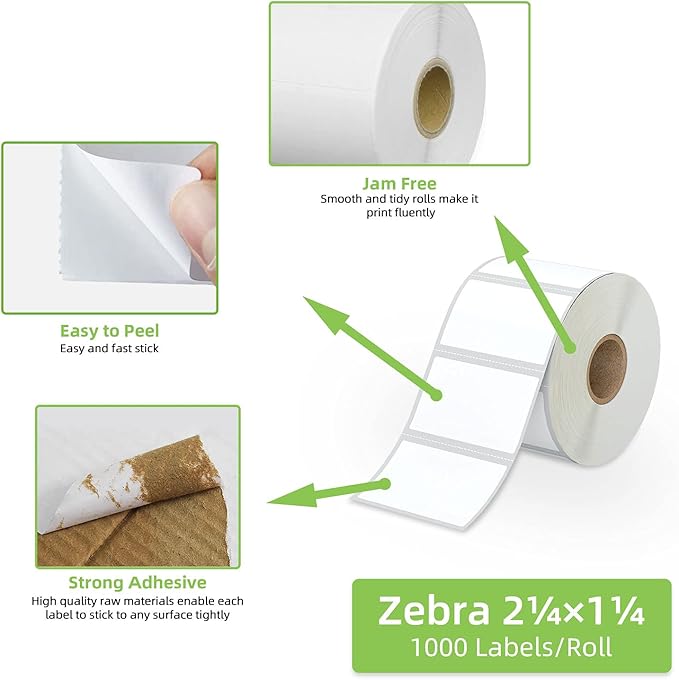 2.25" x 1.25" Direct Thermal Labels - White for Barcode Printing, Compatible With Zebra, Rollo, Munbyn Printers (12 Rolls, 1000 Labels/Roll)