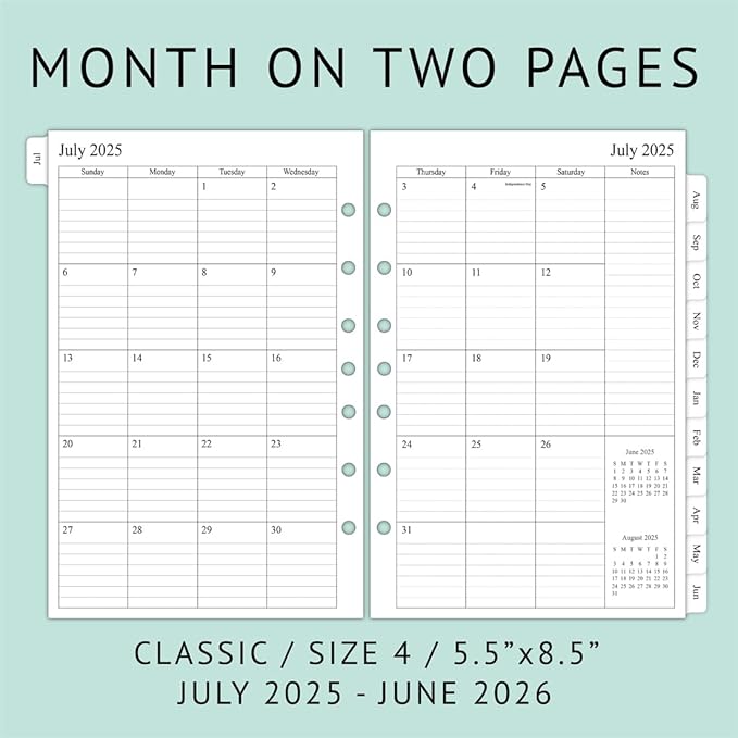 newestor 2025-2026 Planner Refill for Mini Binder, Weekly & Monthly, July 2025 - June 2026, 5-1/2" x 8-1/2", Desk Size 4, 7 Holes