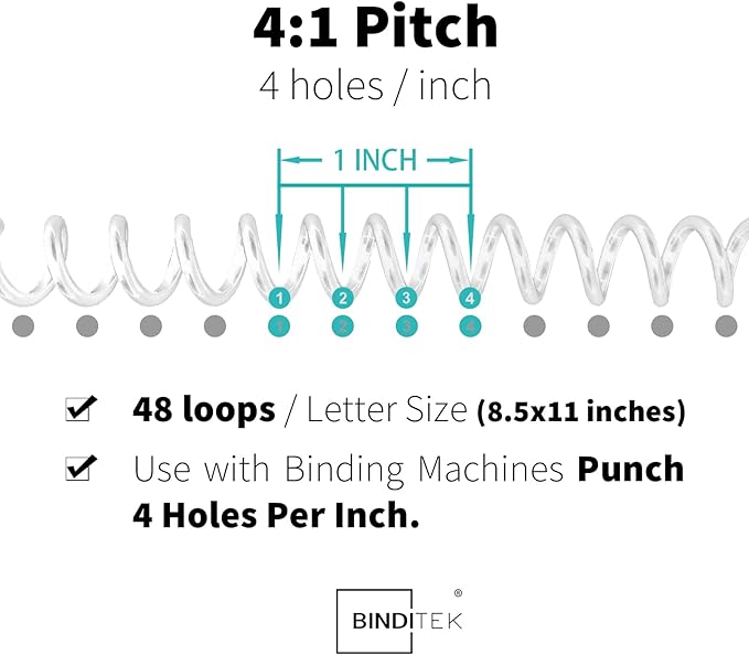 Binditek 50 Pack Plastic Spiral Binding Coils, 6mm(1/4"), 30 Sheet Capacity, 4:1 Pitch, Clear, 48Loops, for Letter Size, for Students and Coworkers