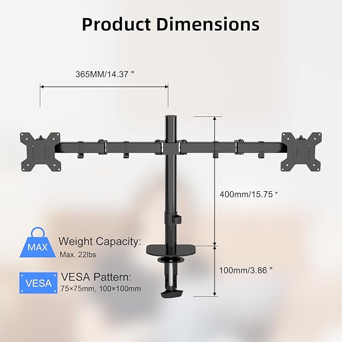 Pholiten Dual Monitor Stand,Heavy Duty Adjustable Monitor Desk Mount for 2 Screens up to 38Inches,Dual Monitor Arm with Height Adjustable Tilt Swive Rotate,Holds up to 22 lbs