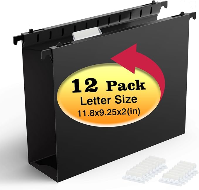 Extra Capacity Plastic Hanging File Folders,12 Pack Reinforced Hang Folders,Heavy Duty 2 Inch Expansion,Plastic Filing Cabinet Folders,Letter Size,Designed for Bulk Files, Medical Charts,Black