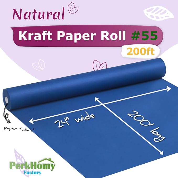 PerkHomy 24" x 2,400" (200') Blue Kraft Paper Roll for Craft Bulletin Board Paper Art Table Covering Crafting Gift Wrapping Bouquet Packing Parcel 80GSM 55LB (Blue, 24" x 200')