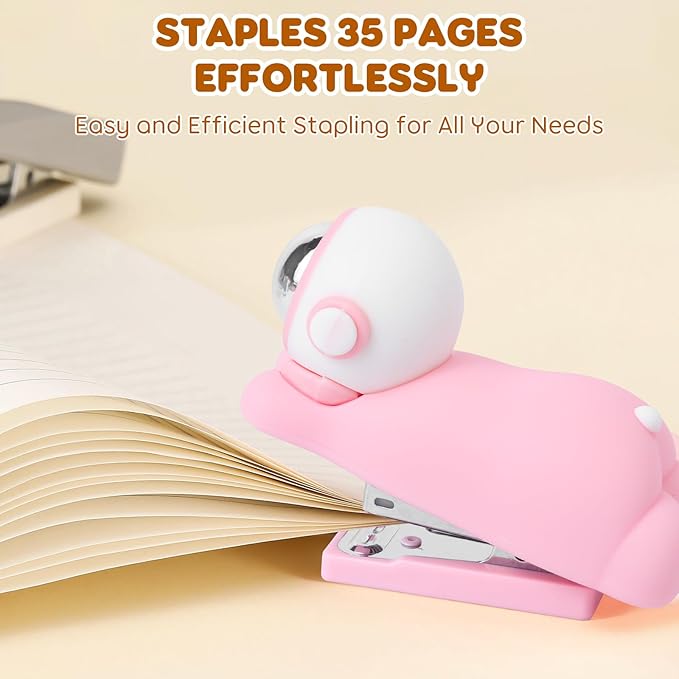Honagu Cute Stapler, Cartoon Stereoscopic Silicone Stapler, Labor-Saving Office Supplies, Desktop Stationery Gift for Students Kids (Pink)