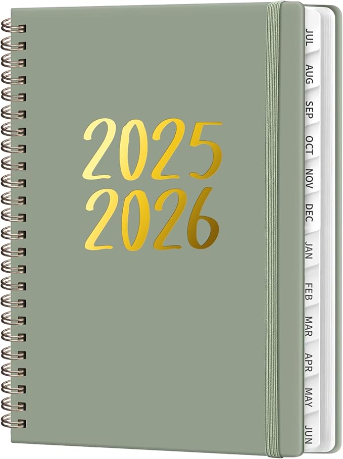 Planner 2025-2026, July 2025 - June 2026 Daily Weekly and Monthly Calendar Planner Book with Tabs, Notes Pages, Inner Pocket, Spiral Schedule Agenda A5 Notebook for School, College, Work-GREEN