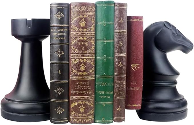 Chess Bookends, Office Decorative Bookends for Shelves, Heavy Bookends Book Stoppers Book Holders for Desk Decoration, 7x7x4 inches, Black,1Pair/2Piece