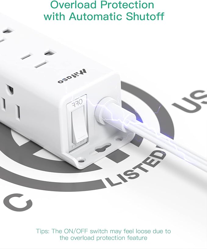 Surge Protector Power Strip - 9 Widely Spaced Multi Outlets, Wall Mount, 3 Side Outlet Extender with Extension Cord, Flat Plug, Overload Protection, Home Office Dorm Room Essentials (5FT, White)