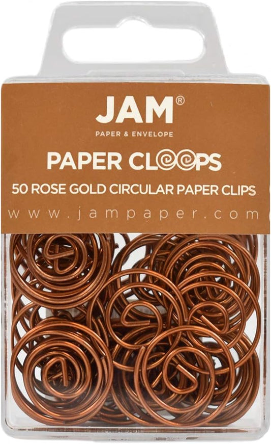 JAM PAPER Circular Paper Clips - Round Paperclips - Rose Gold - 50/Pack