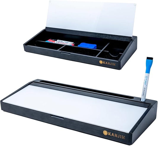 Dry Erase Desk Organizer - 16.2"x6.7"x2" with 3 Markers and 1 Eraser, KAHJIN Black Bamboo Desktop Dry Erase Board - Aesthetic Small Whiteboard for Desk Accessories at Home, Office, Cubicle, or School