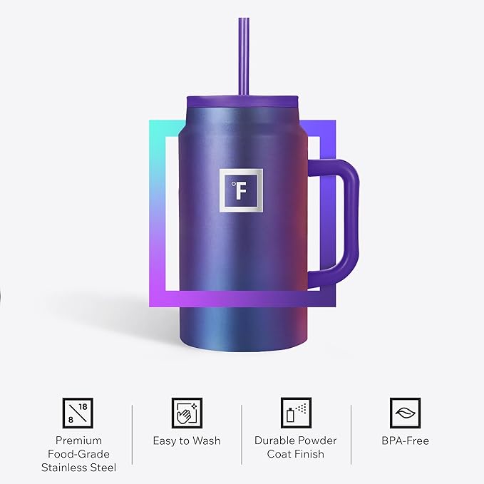 IRON °FLASK Co-Pilot Insulated Mug w/Straw & Flip Cap Lids - Cup Holder Bottle for Hot, Cold Drink - Leak-Proof - Water, Coffee Portable Travel Mug - Lavender, 50 Oz