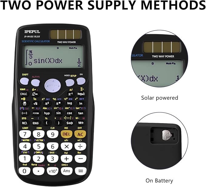 Scientific Calculators, IPepul Math Calculator with 417 Function, Solar Battery Power and 4-Lines Display, School Supplies for Middle High College Students Teachers (Black 991ES)