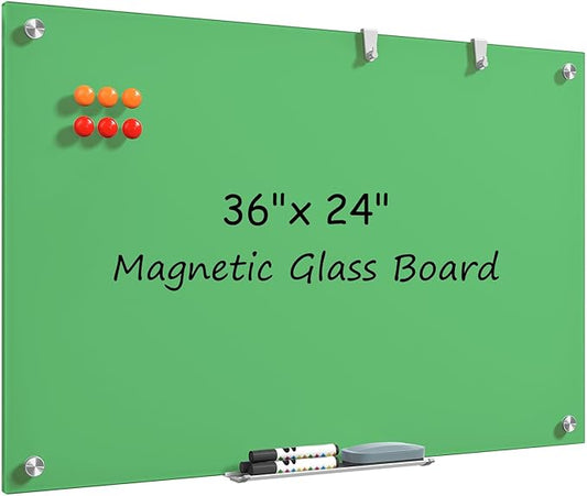 MaxGear Glass White Board 36x24, Green Wall Mounted Magnetic Glass Dry Erase Board, Large Frameless Whiteboard with 1 Eraser,3 Markers and 6 Magnets for Office, School, Home