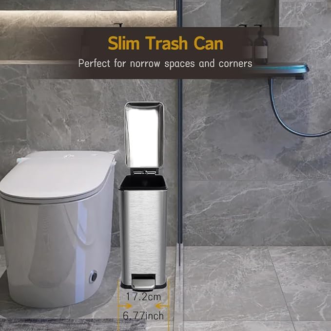 Bathroom Trash Can, 10 Liter / 2.6 Gallon Stainless Steel Garbage Can with Removable Inner Bucket, Soft Close Lid Step Trash Bin for Bedroom, Office, Kitchen, Brushed Silver