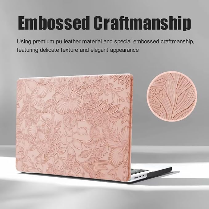 DTangLsm for MacBook Pro 13 inch Case 2025 2024-2016 M2 A2338 M1 A2251 A2289 A2159 A1989 A1708 A1706, Elegant Retro Leather Hard Shell Case for MacBook Pro 13" + Keyboard Cover, Pink Embossed Floral