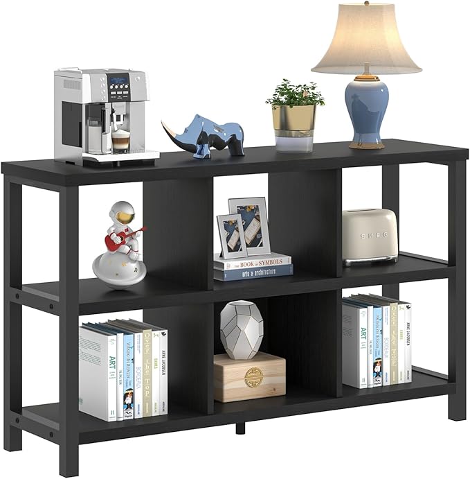 FOLUBAN Industrial 6 Cube Storage Organizer Bookshelf, Wood and Metal Cubby Bookcase, Horizontal Open Book Shelf for Bedroom Living Room, Black Oak, 47 Inch