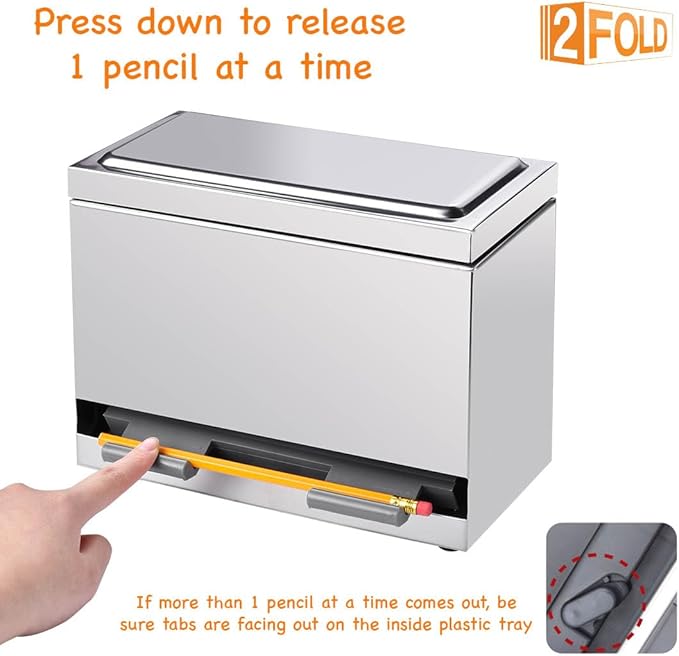 2Fold Pencil Dispenser for Classroom - Stainless Steel Bulk Pencil Holder for Desk - Includes Removable Label Stickers - Teacher Must Haves for Organization - Holds up to 200 Pencils (Red)