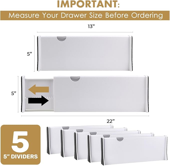 RAPTUROUS Adjustable Deep Drawer Divider – 5" Tall, Expandable 13-22", 5-Pack, Non-Slip Drawer Dividers for Clothes, Dresser, Kitchen & Office Organization (White)