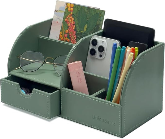 UnionBasic Desk Organizer, Multi-functional Leather Desktop Office Organizer, Pen Holder - Business Card/Pen/Pencil/Mobile Phone/Stationery Holder Storage Box, Malachite Green