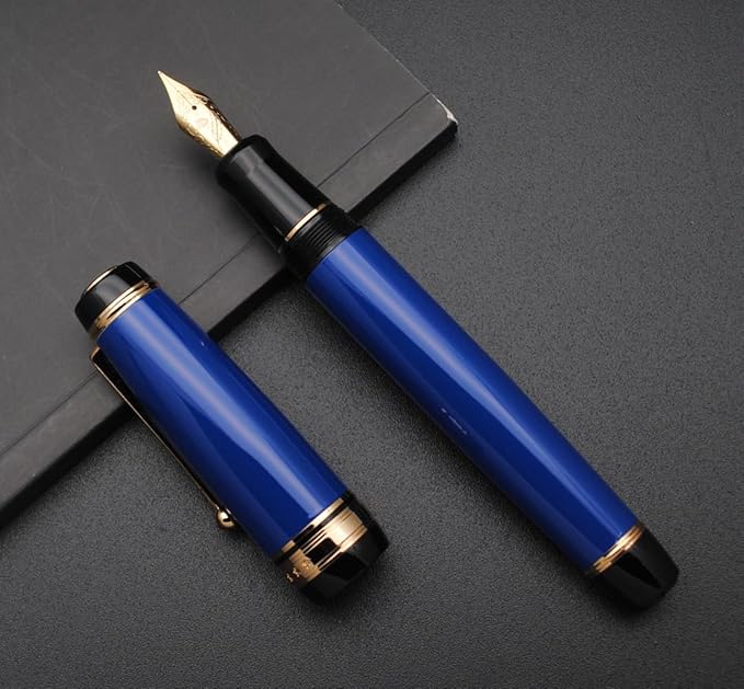 Metal Big Fountain Pen Set Medium Nib 0.7mm, Includes Ink Refill Converter, 5 Ink Cartridges & Gift Box (Medium Nib 0.7mm, Blue)