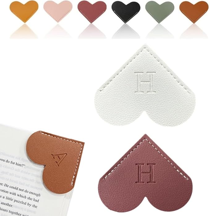 Personalized Leather Heart Bookmark, 26 Letters Customized Corner Book Mark for Reading Women, Book Marker with Initials，Cute Gifts (White+Deep Pink, H)
