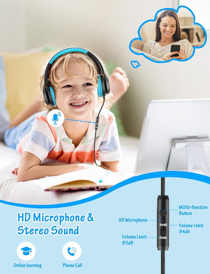 Kids Headphones with Microphone, Wired Over Ear Headsets with Limited Volume 85dB/ 94dB for Boys Girls Teens Children Online School/Travel/iPad/Tablet/Cellphone