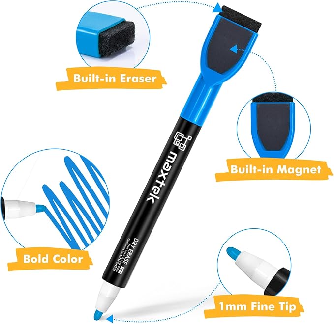 maxtek 60 Count Magnetic Dry Erase Markers, Fine Tip, 12 Colors, Low Odor Whiteboard Markers with Built-in Eraser