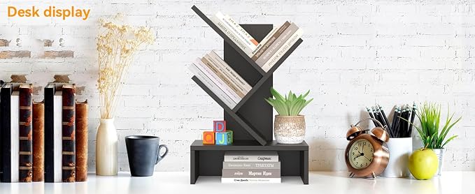 Godferyxin Tree Bookshelf with Drawer,Wood Desk Bookshelf for School,Office,Small Book Shelf Storage Rack for Decor,Bedrooms,Living Rooms Mini Shelf