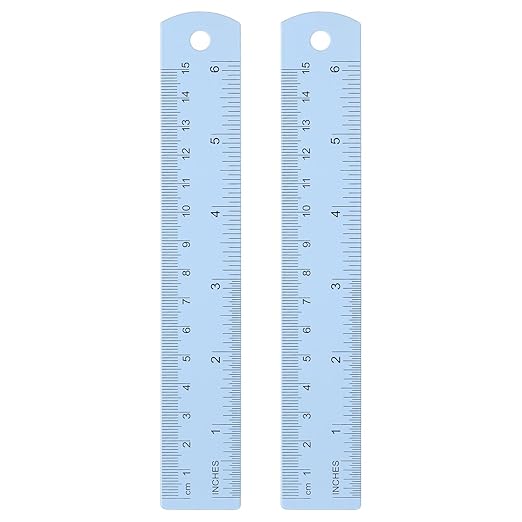 HARFINGTON 2pcs Metal Straight Ruler 15cm Metric SAE Aluminum Alloy Measuring Rulers Scale Tool with Hole for Measure Study Reading Classroom Office, Light Blue