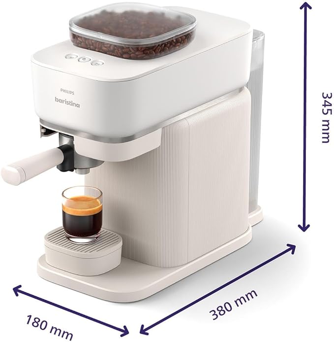 Philips Baristina Espresso Machine+Milk Frother Bundle. Real espresso. Compact coffee machine, portafilter, grinder, Cafe Crema. Dairy & Non-Dairy Milk foam. Hot & Cold. Easy Clean. White (BAR303/00)